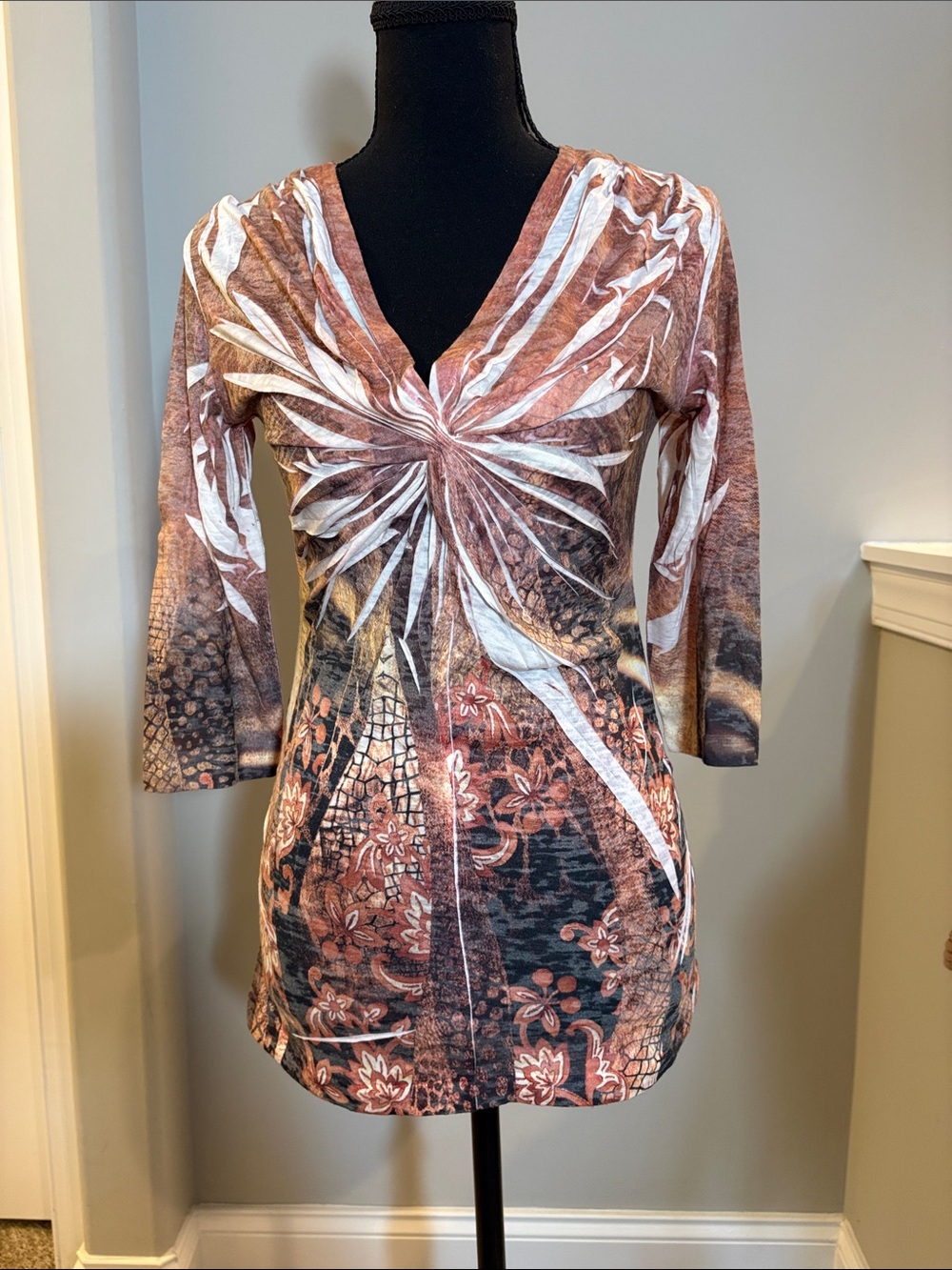 Vtg NWT Y2K Mushka by Sienna Rose Sheer Mesh Boho Tunic Top - Earthy Graphic